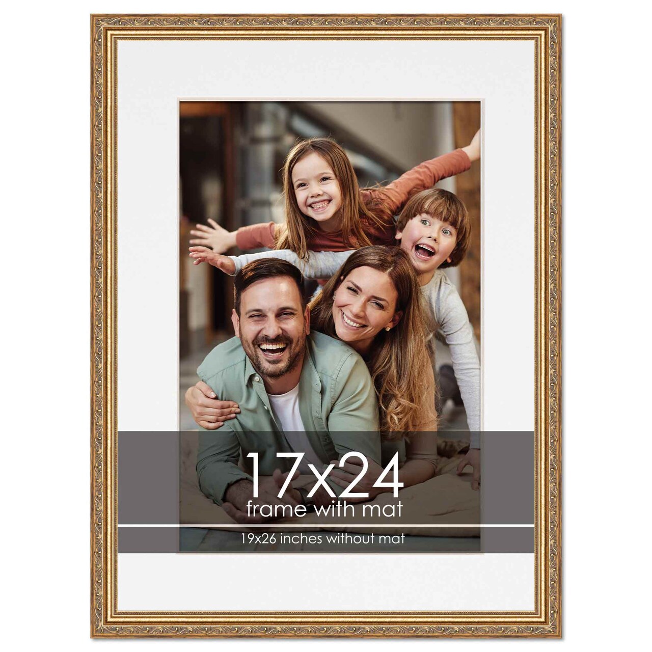 Antique Gold Frame with White Photo Mat, UV Acrylic Front, Foam Board Backing, 60 Sizes Available